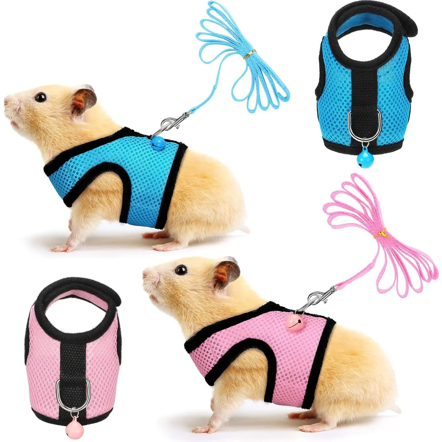 Ferret Harness 2 Pieces Guinea Pig Clothes Baby Ferret Rats Hamster Soft Mesh Harness Leash Vest Set with Bell for Guinea Pigs, Hamster, Ferret, Rabbit, Chinchilla and Similar Small Animals(Blue, Pink,XS)