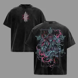 Vintage Washed Demon Slayer Double Sided Tee Akaza Kimetsu No Yaiba Neon Blue Pink Blood Art Anime Graphic Oversized Black Acid Wash Streetwear Casual Tee Unisex Relaxed Fit Stylish Menswear