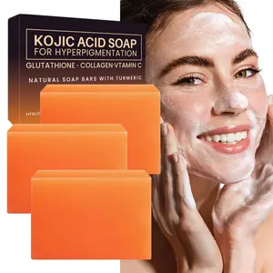 3 pieces of 100g kojic acid Facial cleansing soap set, containing vitamin C and glutathione, reducing skin dullness, evenly skin tone, deep cleansing and moisturizing, suitable for all skin types, men and women, family use