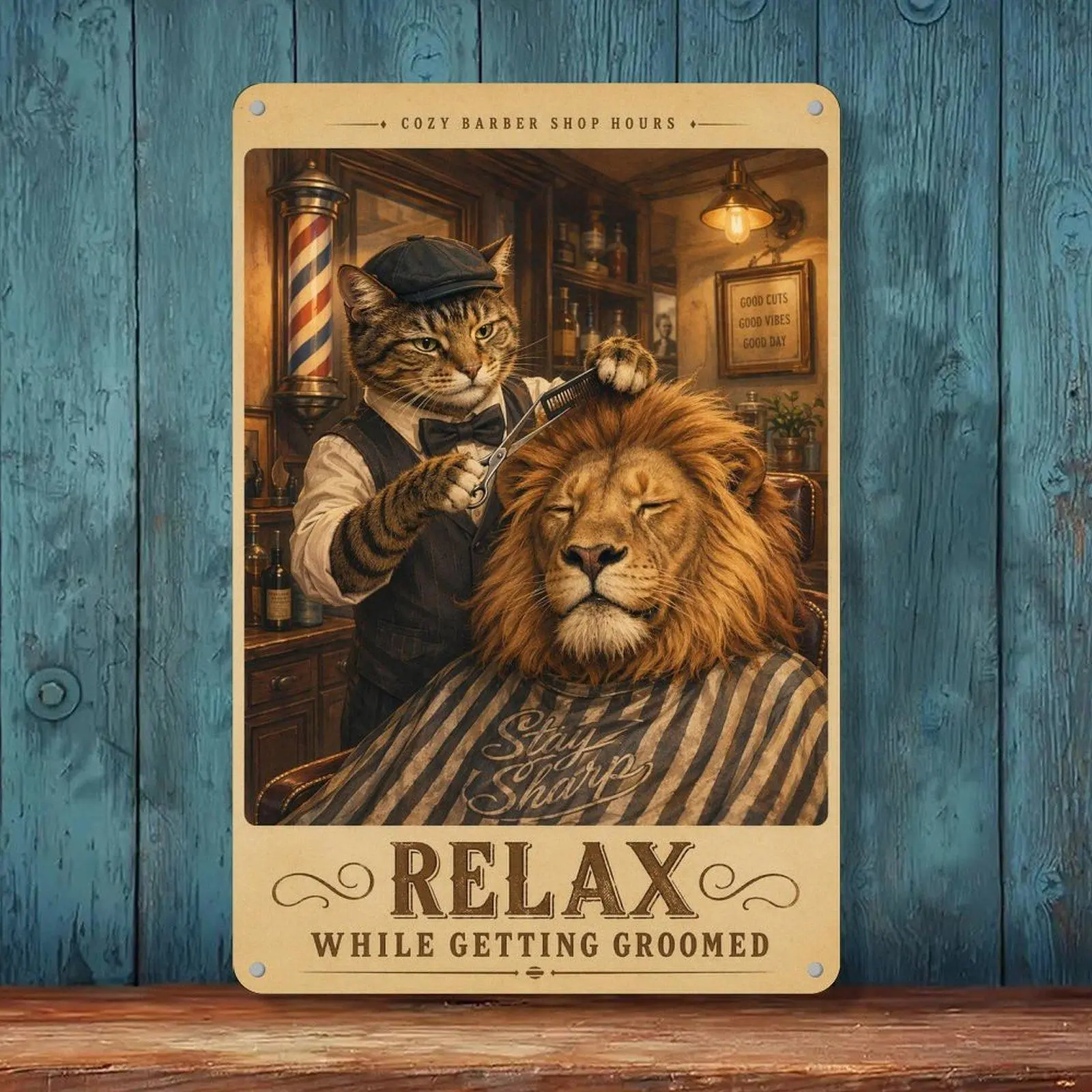 8x12in Rectangular Retro Cartoon Iron Tin Sign, Funny Decor Animal Theme Wall Art - Cozy Barber Shop Hours, Tabby Cat Cutting Lion Hair, for Barbershop Home Decor Supplies, Wall Stickers Decor, Metal Tin Box