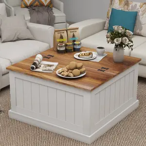 Farmhouse Coffee Table, Square Wood Center Table with Hinged Lift Top, Rustic Cocktail Table with Large Hidden Storage Compartmen for Living Room