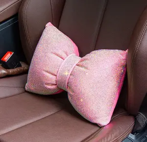 Rhinestone Car Headrest Neck Pillow for Driving with Bling Bling Crystal Bow Pillow Car Accessories for Women One