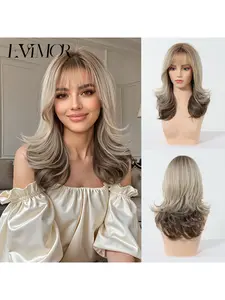Natural Looking Long Layered Synthetic Full Cap Wig with Side Bangs and Subtle Ash Blonde Brown Ombre Highlights for Women