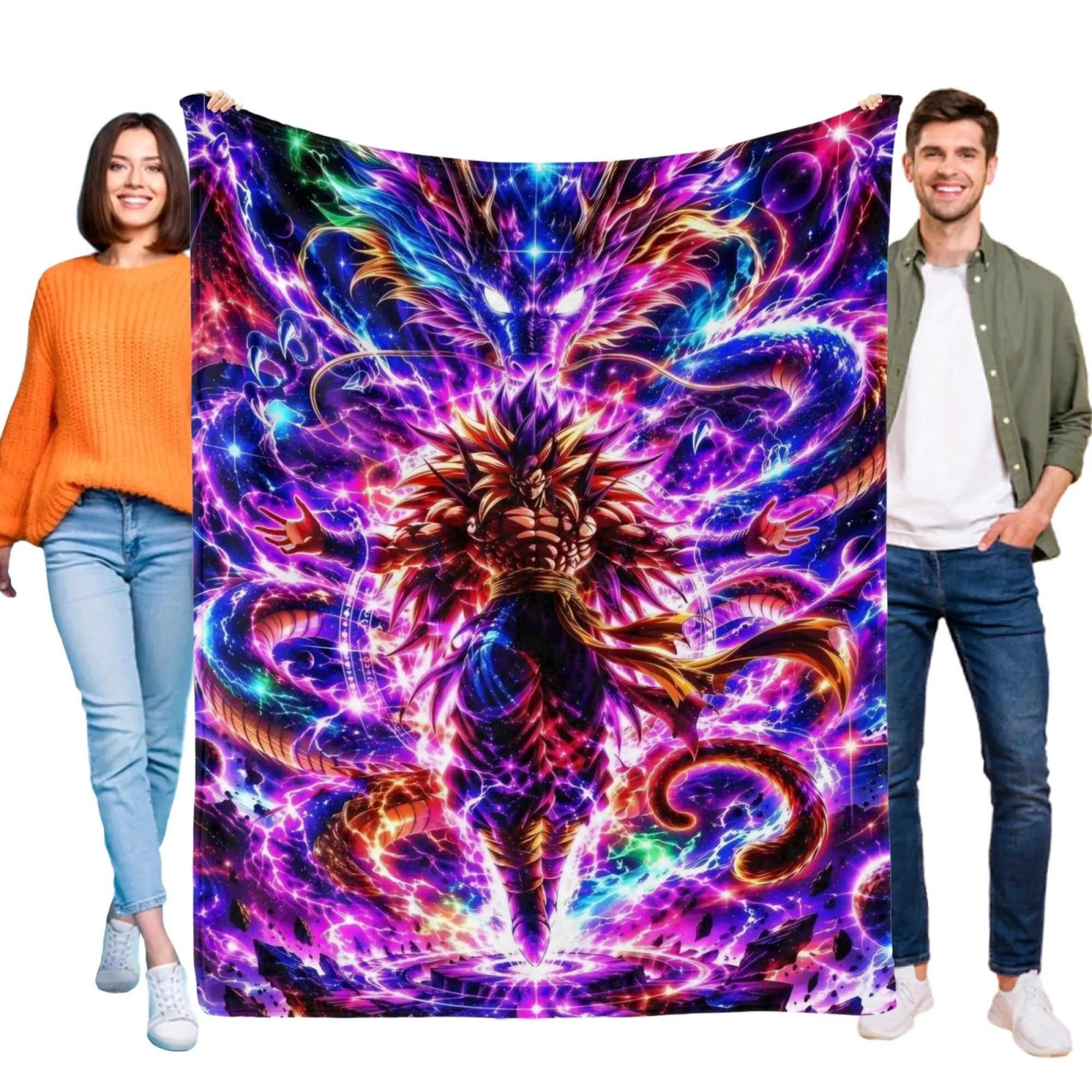 Goku Kids Cosmic Warrior Blanket – Colorful Anime Style Energy Fighter Throw Blanket for Boys, Halloween Decor & Christmas Gift, Bed Couch Travel, Saiyan 4 Sizes