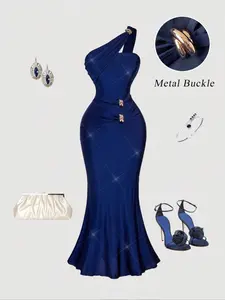 Elegant Mermaid One-Shoulder Dress for Women, Luxurious Metallic Party Gown with Metal Buckle, One-Shoulder Dress, Elegant Formal Dress, Elegant Fitted Dresses, Summer Dress, Winter Clothes For Women