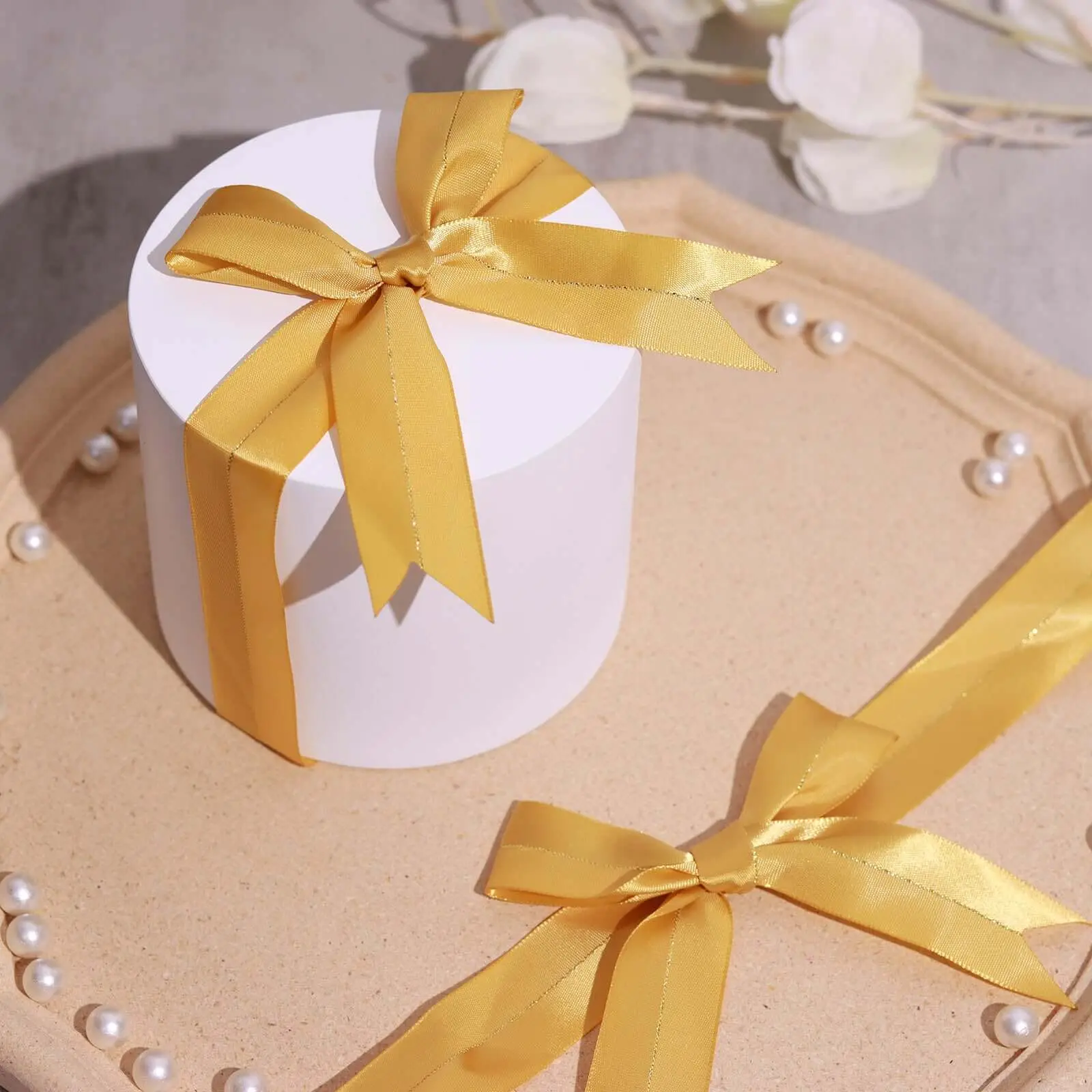 50 Pcs Gold Pre-Tied Ribbon Bows - 10 in Satin Ribbon With Gold Foil Lining, Office Gift Box Wrapping, Party Decorations, Birthday Party Decor Supplies
