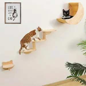 Wall-Mounted 3-5 Tier Cat Climbing Structure - Sturdy Wooden Cat Tree With Lounging Shelves & Ladder - Space-Saving Indoor Kitty Playhouse For All Seasons