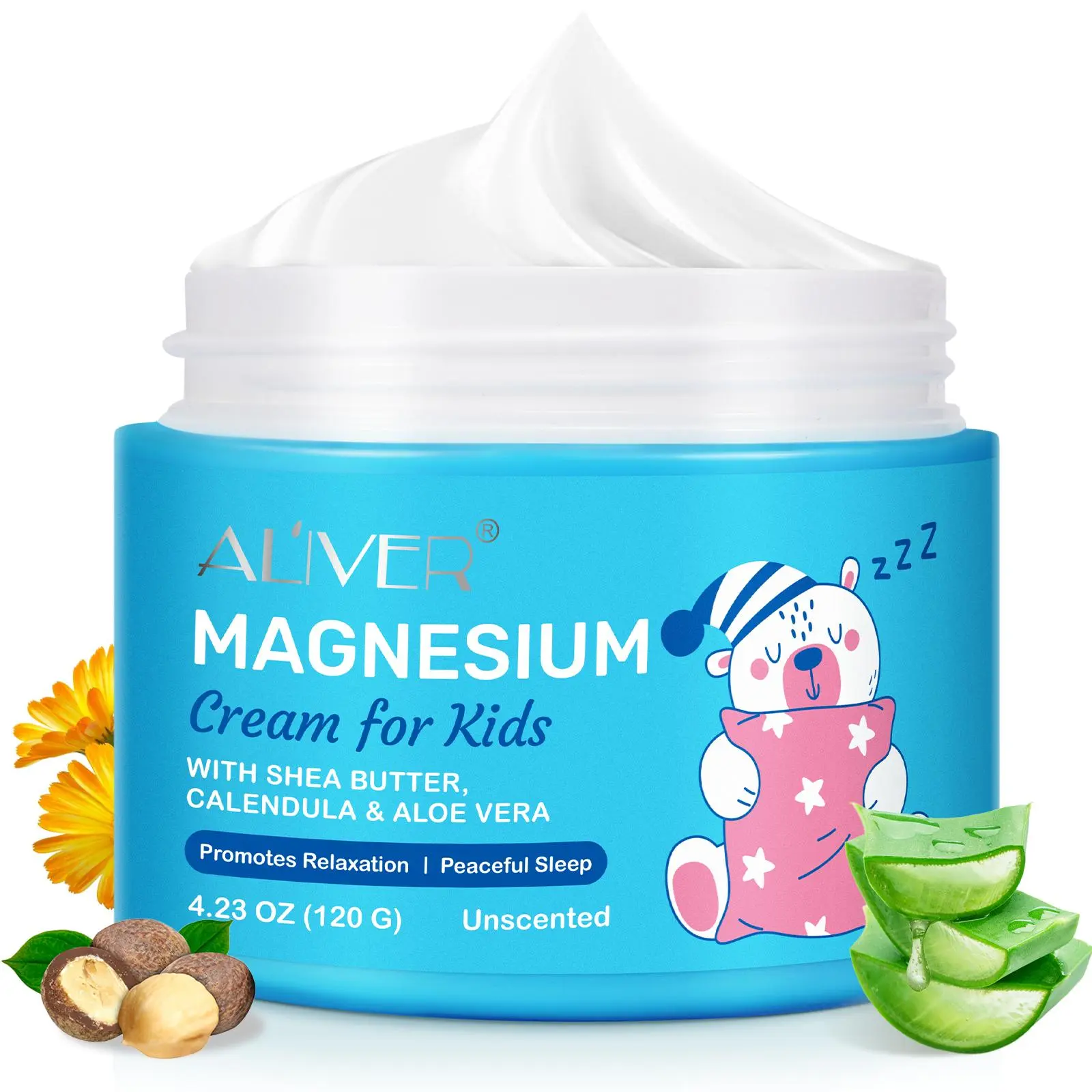 Aliver Magnesium Oil Cream 120g, High Purity Magnesium Lotion, Magnesium Relief Cream, Moisturizing Balm with Shea Butter & Aloe Vera, Safe for Kids, Sleep Use, Body Care