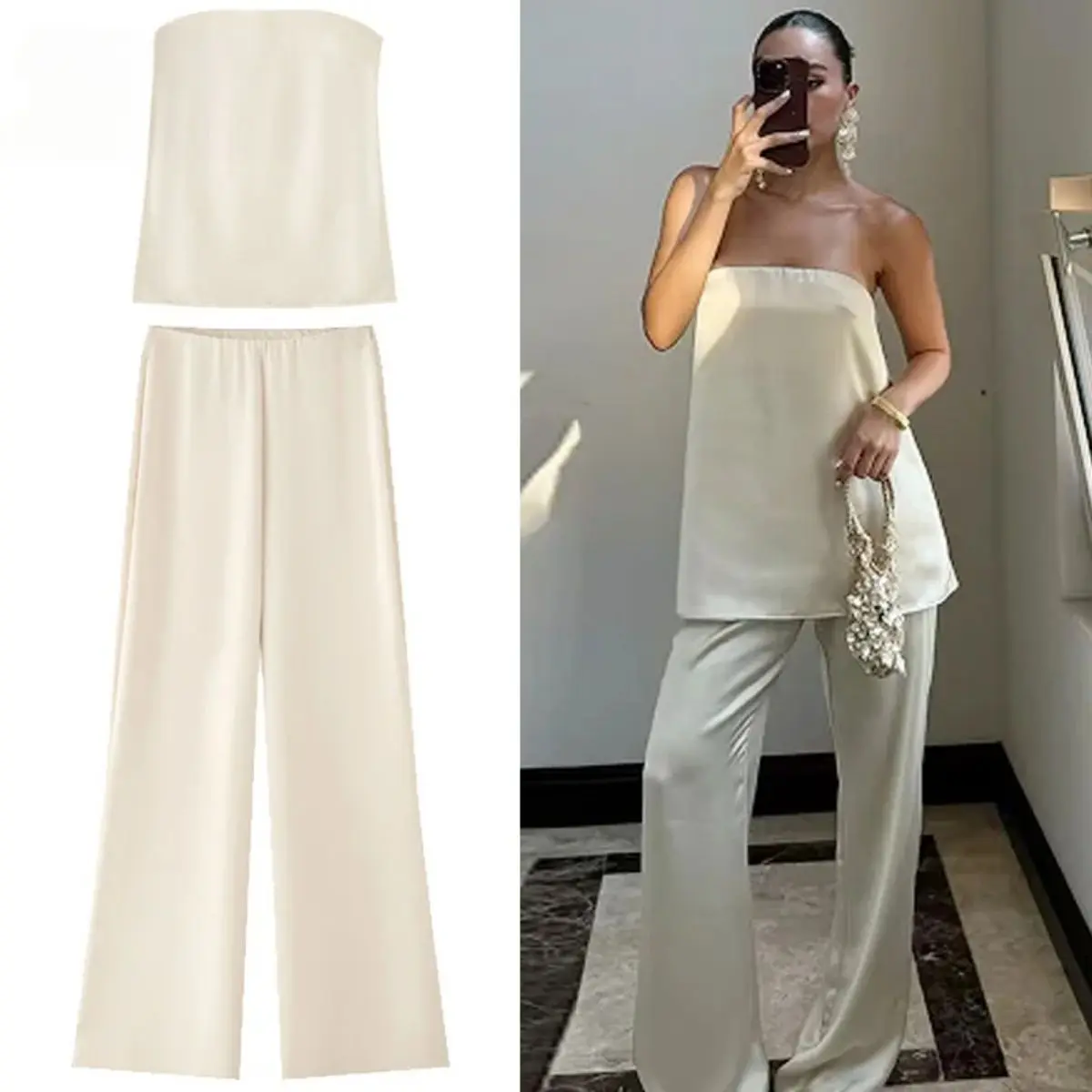 Aria Muse  2026 Off White Satin Pant Sets Women's Suit Off Shoulder Strapless Top Vest Set 2 Piece Woman Chic High Waist Trousers Sets