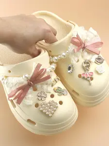 12pcs Sweet Lace Bow & Pearl Shoe Charms Set, Bling Shoe Charms, Rhinestone Ballet Girl, Rose Accessories with Pearl Chain, Detachable Clog Charms for Garden Shoes, Bubble Slides, Sandals & Casual Footwear, Perfect DIY Decor & Gift