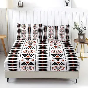 3pcs Fitted Sheet Set: Southwestern Geometric Fitted Sheet Set, 1 Fitted Sheet + 2 Pillowcases. Featuring Stylish Terracotta & Black Tribal Patterns. Soft, Breathable, All-Season Bedding for Modern Boho Bedrooms & Guest Rooms. No Filling.