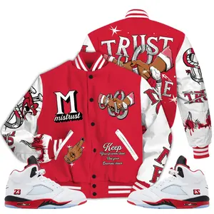 5 Fire Red Varsity Jacket, 2025 Fire Red Black Tongue 5s Letterman Jackets, Trust No One Graphic Tee Streetwear Sneaker Shirt Athletic Casual Fabric Fit