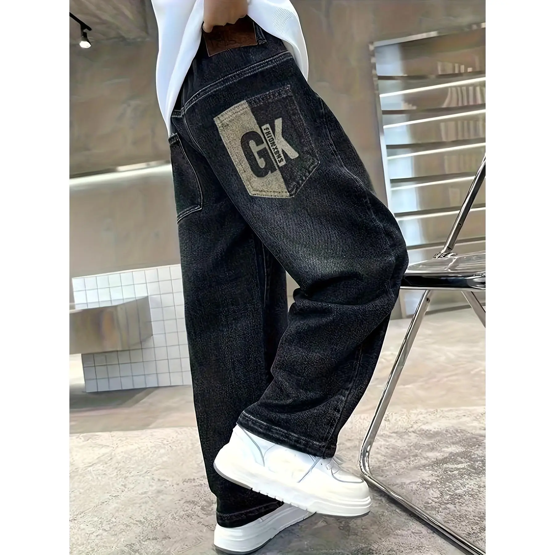 Boys' Heavy-Duty Oversized Straight-Leg Elastic Waist Jeans - NY Alphabet Print Patch, No Belt, Machine Washable, Full Length All-Season Casual Pants for 9-10y,11-12y,13-14y,15-16y, Casual Wear, Oversized Leg, Denim