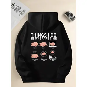 Funny Pig Lover Printed Hoodie Long Sleeve Hooded Casual Christmas Birthday Gift for Men Autumn Winter Outdoor Sports Wear Menswear Sweatshirts Tops Pullover Black