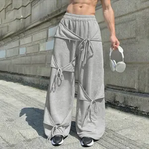 INCERUN Mens Spring Autumn Wide Leg Sweatpants Streetwear Deconstruction Irregular Strappy Drawstring Joggers for Hip Hop Dance & Casual Wear