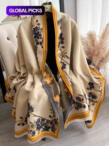 Elegant Floral Knit Scarf for Women, Boho Style Double-Sided Shawl, Fall & Winter Warm Daily Wear, Fitted Design, Floral Print Scarf