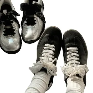 2 Pairs Black & White Lace Bow Hollow Out Shoelaces – 120cm Decorative Laces for Sneakers, Trainers, Canvas, Flats & Wedding Shoes