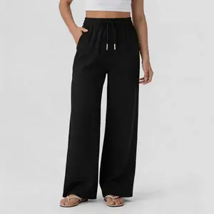 Women’s Linen Drawstring Wide-Leg Basic Bottoms, Casual Pants with Soft Skin-Friendly Texture, Simple Sophisticated Design, Thoughtful Side Pockets, Loose Restriction-Free Fit, Bottom