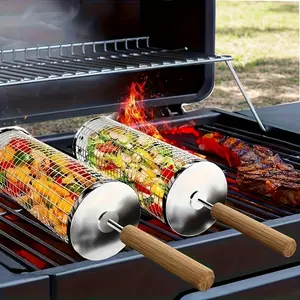 3Pcs Stainless Steel Rolling BBQ Grill Baskets with Wooden Handles Portable Heavy Duty Outdoor Barbecue Set with Hooks & Clips Even Heat Distribution Gas Grill Compatible for Camping Patio Use BBQ Tools