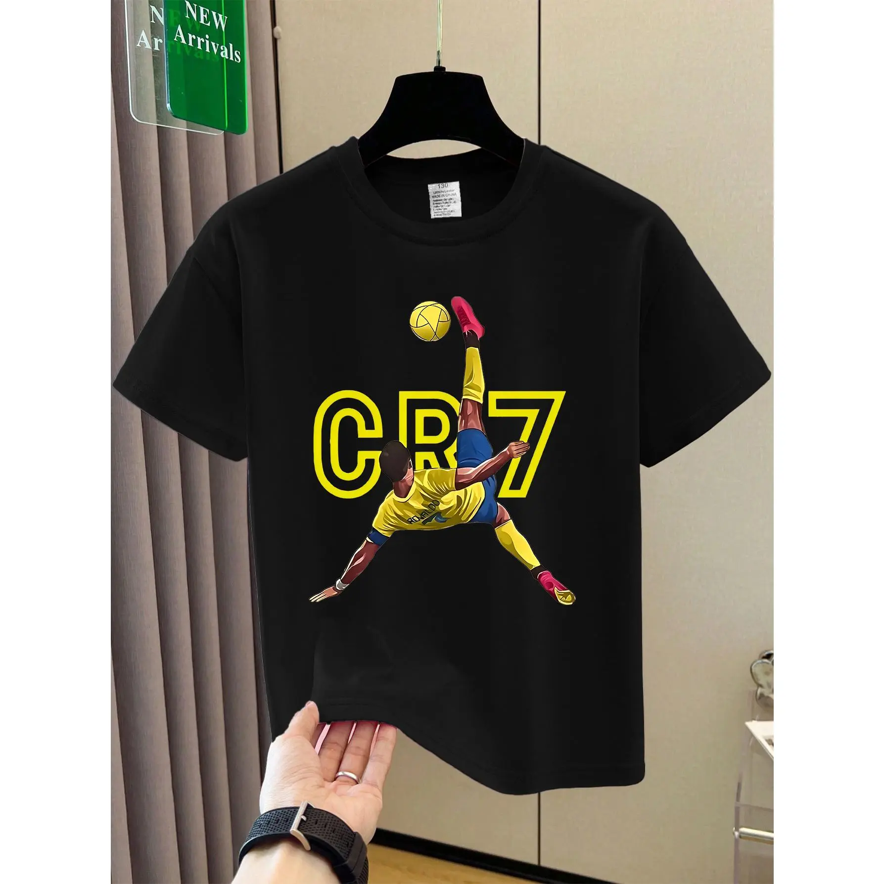 ⚽🔥Round Neck Short-Sleeve T-Shirt - CR7 Soccer Graphic Print, 100% Cotton, Slightly Elastic Fabric, Retro Style for , Outdoor Leisure Sports, Soccer Shirt