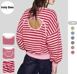 Imily Bela Women’s Striped Oversized Pullover Sweatshirt, Open Back Design, 2026 Cutout Back Pullover Top, Fashion Casual Long Sleeve Shirt