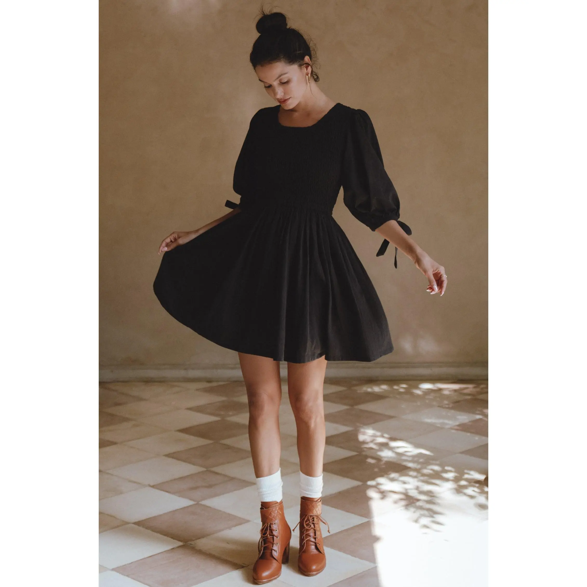 Jolie Puff Sleeve Linen Mini Dress  - Black