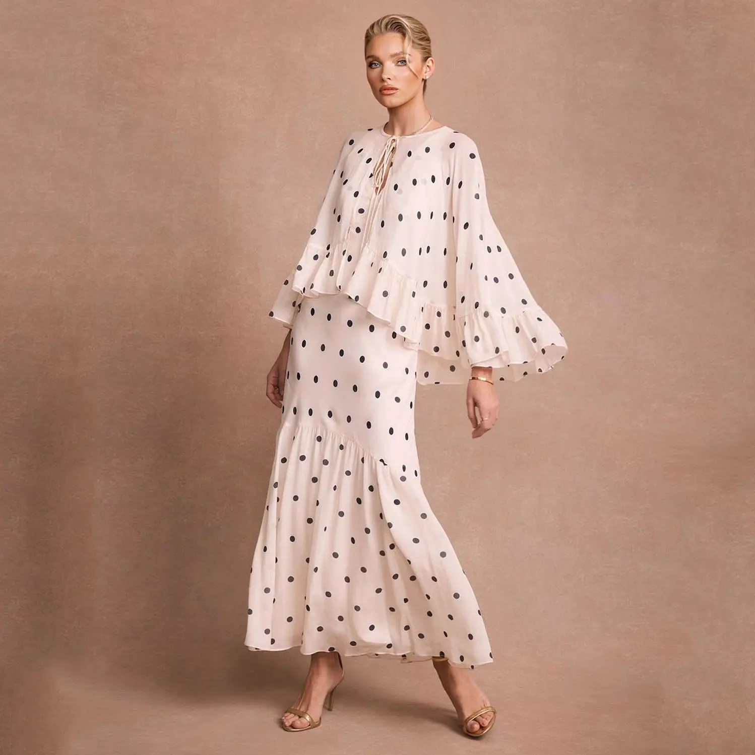 LikeMyChoice 2026 Women's Elegant Polka Dot Chiffon 2-Piece Set - V-Neck Midi Slip Dress with Cape Ruffle Cover Up Summer Casual Maxi Womenswear Chic White