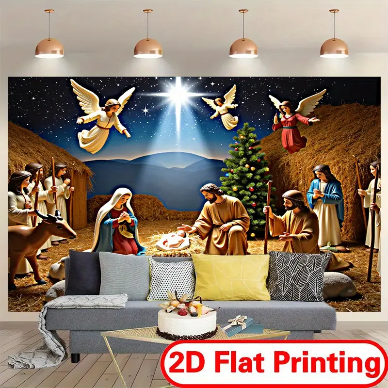 Large Christmas Nativity Scene Backdrop Banner Part 3 - Durable Heavy-Duty Polyester Wear-Resistant Religious Decoration with 2D Vibrant Stars, Shepherds for Indoor Church Events, Baby Shower