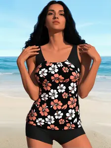 Tropical Hibiscus Print Square Neck Tankini Set High Waisted Boyshort Beach Swimwear