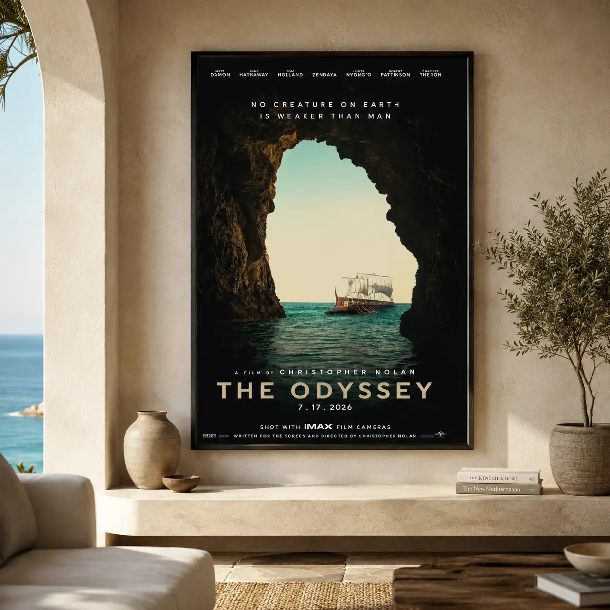 Framed Canvas Wall Art The Odyssey Ancient Greek Epic Movie Poster - Aluminum-Wood Frame, Mythology Adventure Cave Seascape Ship Vintage Print, Home Theater Living Room Decor Gift
