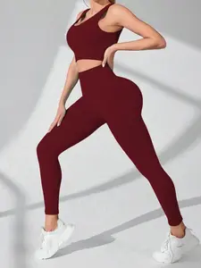 Women's Solid Color Crop Top & High Waist Leggings Tracksuit Set, Sporty Breathable Comfy Stretchable Activewear for Yoga Gym Workout Running, Ladies Sportswear for All Seasons