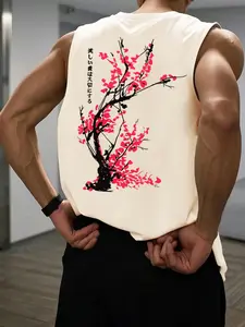 Men's "Japanese Cherry Blossom" Oversized Tank Top - Eastern Art & Cultural Vibe, Sakura & Japanese Text Graphic Print, Soft Breathable Fabric, Perfect for Casual Hangouts, Summer Days, Gift Giving, Artistic Statement Tank for Japanese Culture Enthusiasts