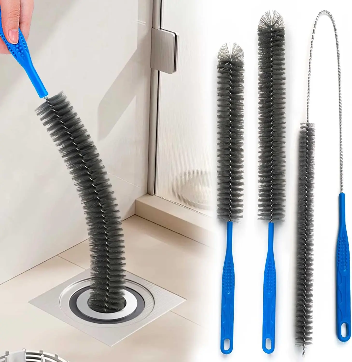 Drain Brush and Drain Cleaner Sink Snake Tool | Flexible Drain Hair Clog Remover, Long Pipe Drain Cleaning Brush for Home Sink, Shower, Bathtub & Overflow Drains