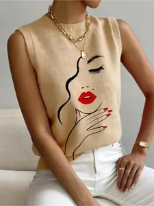 Women's Valentine Portrait Print Stand Collar Fitted Sweater, Casual Sleeveless Knit Top for Fall Winter, Comfortable Warm Daily Wear