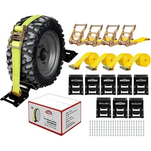 Wheel Chock Tie Down kit 4500lb Break Strength-4 Pack 2" x9' E Track Straps-Ultimate Heavy Duty Trailer Tire Strap System for ATV,UTV,Lawn Mower