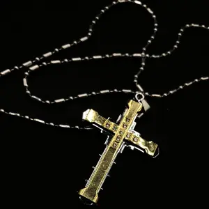 Dark Knight Cross Pendant Necklace with Bamboo-Link Chain Gold Plated Amulet for Men and Women