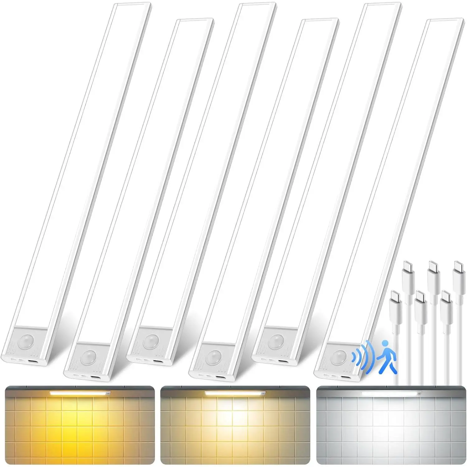 16 inch Under Cabinet Lighting, 80 LED Motion Sensor Closet Light, 1500mAh Rechargeable Battery Dimmable 3 Color Temperature Magnetic Wireless for Kitchen, Shelf, Stairs, Wardrobe, 6 Pack under counter lights