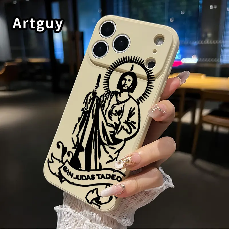 Straight Edge Phone Case for iPhone 17 15 Plus 16 Pro Max 14 13 12 11 Air XS XR Saint Jude Symbol Pattern Anti-Scratch Shockproof Soft Silicone Protective Cover