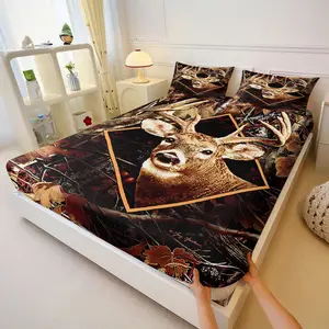 3PcsRealistic White - Tailed Deer Buck with Large Antlers Printed Fitted Sheet Set, Autumn Forest Nature - Inspired Bedding Set,Perfect for Hunting & Nature Lovers' Bedroom Decor, Includes 2 Pillowcases, No Pillow Core
