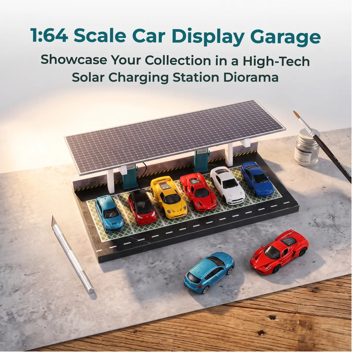1:64 Scale Diecast Car Display Garage, 6-Car Solar-Style EV Charging Station Parking Lot Diorama with Dual Charger Posts, Desktop Collectible Display, Cars Not Included