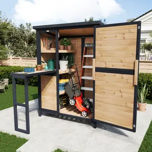 AMERLIFE Solid Fir Wood Outdoor Storage Shed, Garden Tool Shed with Foldable Workbench, Adjustable Shelves, Sloping Roof, Weatherproof Utility Cabinet for Backyard, Patio, Lawn, Poolside