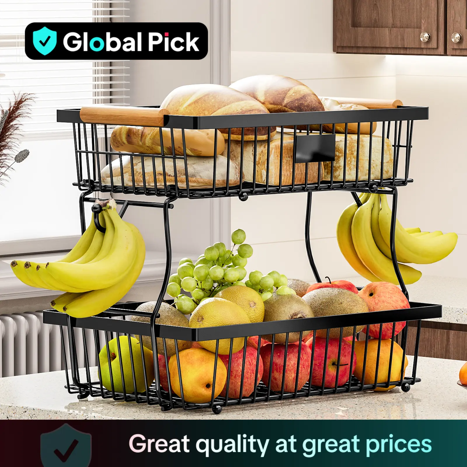 Kitchen Fruit & Vegetable Storage Rack, 2-layer Metal Storage Basket with Hook, Multifunctional Storage Rack for Kitchen & Bathroom