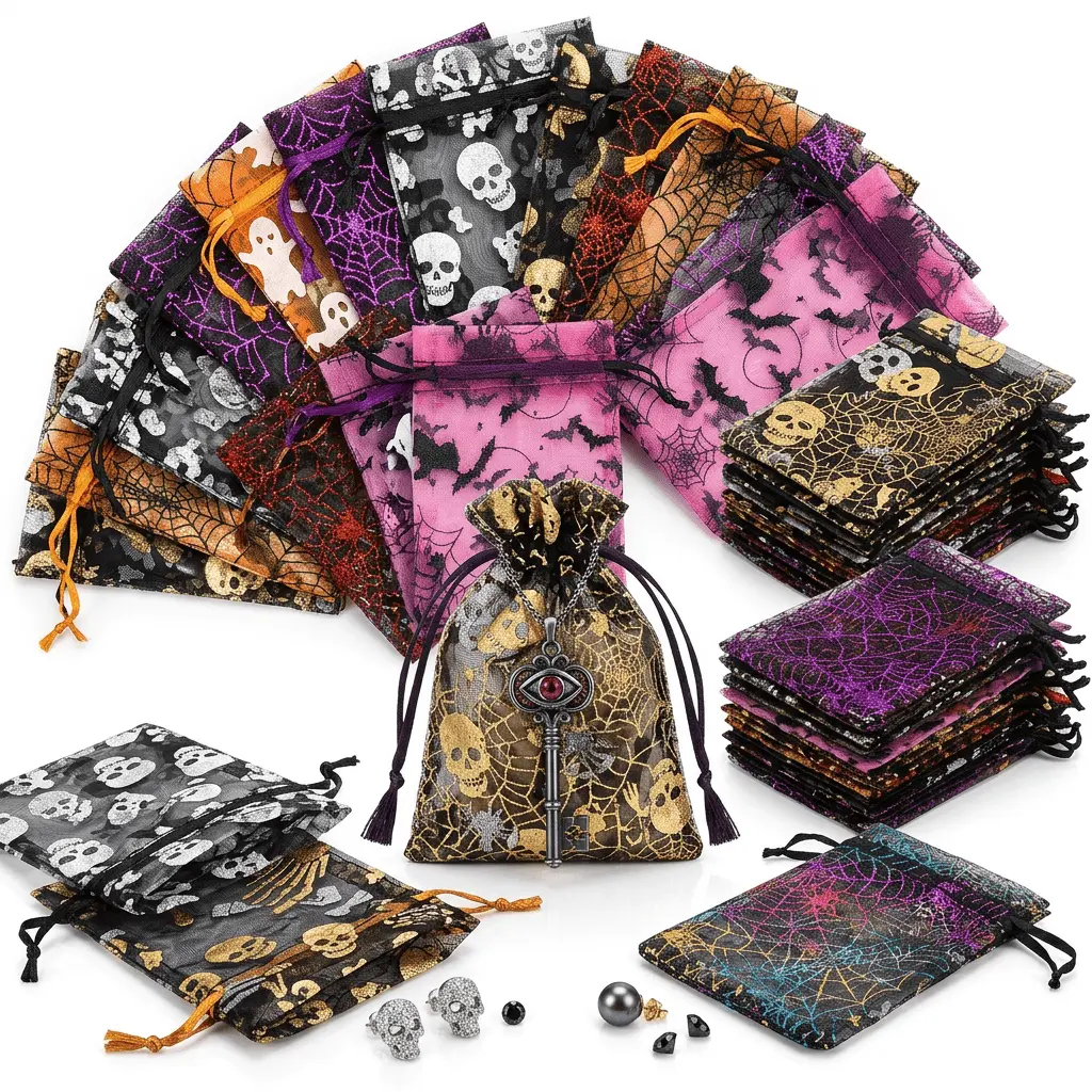 Gift For Her/Him 10/50 Pack Mixed Color Halloween Organza Drawstring Gift Bags, Sheer Fabric Candy Pouches with Foil Spider Web Ghost Skull Bat Prints, Lightweight Durable Treat Wrap Sacks for Festival Party, Classroom, Home, Shop, Gift Table