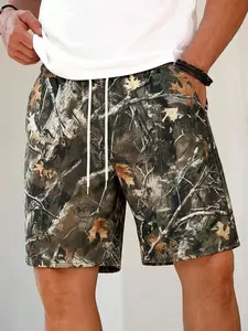 Men’s summer trendy knit shorts with maple leaf digital print, drawstring, casual, comfortable, suitable for vacation, beach, everyday wear, and streetwear.