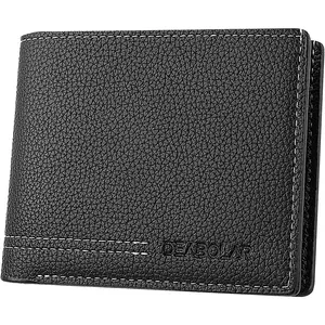 Men Wallet Black PU Material 4 Card Holder 2  Pockets 1 Clear Window Suitable for Gifts without RFID Slim Small for Traveling
