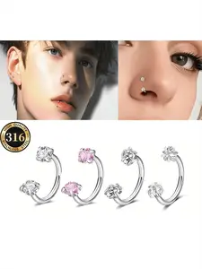 4 Piece Stainless Steel Heart Star Cz Rhinestone Hoop Nose Rings, Nose Piercing Jewelry, Inner Thread Design, Reusable Piercing, Perfect for Cartilage Tragus Lip
