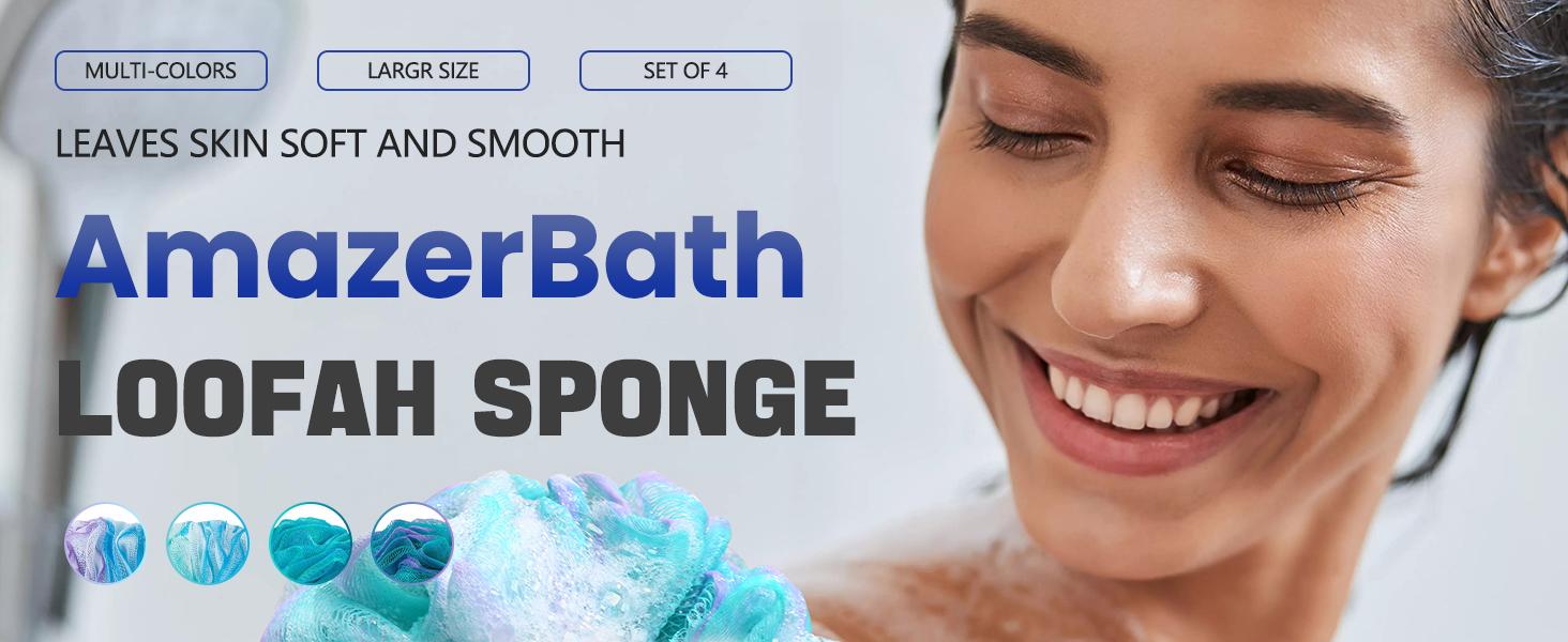 Loofah Sponge 75g/Piece, Exfoliating Bath Sponge Body Scrubber - Loofa Set of 4 Flower Color (Large, Green-Purple)