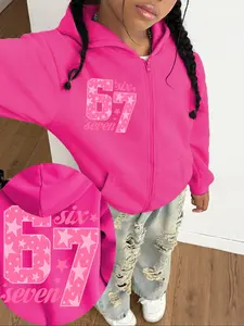 Girls' autumn and winter fashion star and number 67 pattern printed hooded zip-up jacket, new trendy brand graphic casual hoodie, essential for sweet and cool girls, casual and versatile, street fashion.