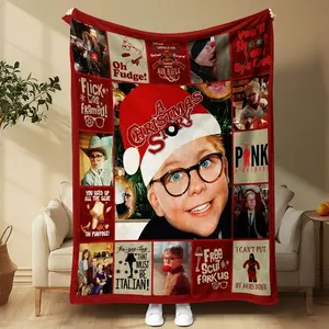 A Christmas Story Classic Movie Elements Blanket Full of Xmas Memories Featuring Protagonist's Cute Looks and Iconic Lines Great for Sofa Viewing Bedroom Decor Must-have for Xmas Gifting & Fan Gatherings Letter Print Blanket