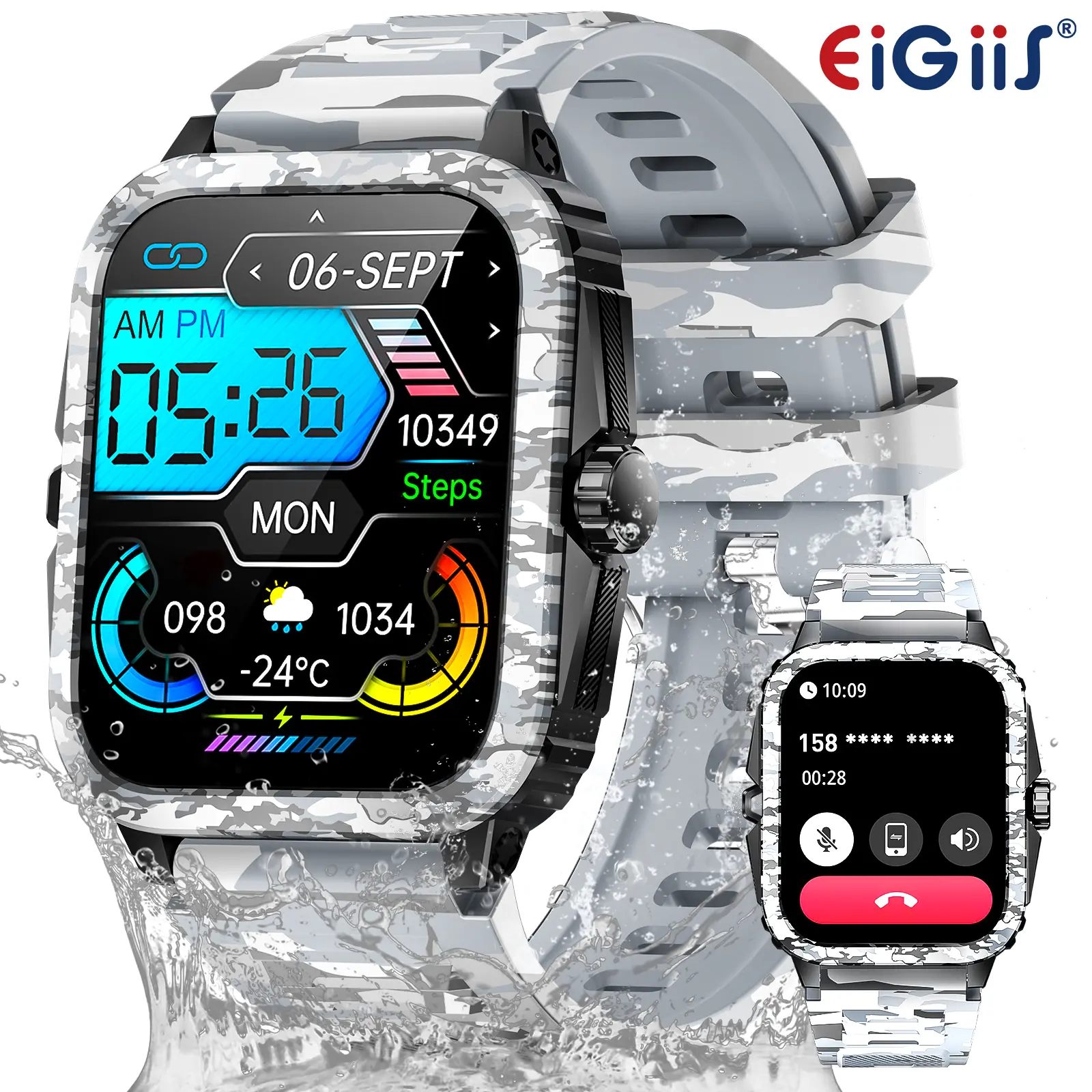 EIGIIS Rugged Smart Watch for Men with 1.96'' Big Screen & 3ATM Waterproof, Heavy Duty Outdoor Sport Watch with Bluetooth Call, 100+ Sports Modes Smartwatch Tracker Gift for Husband Dad Boyfriend for Android iOS